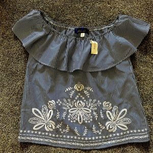 Blue and white off shoulder blouse